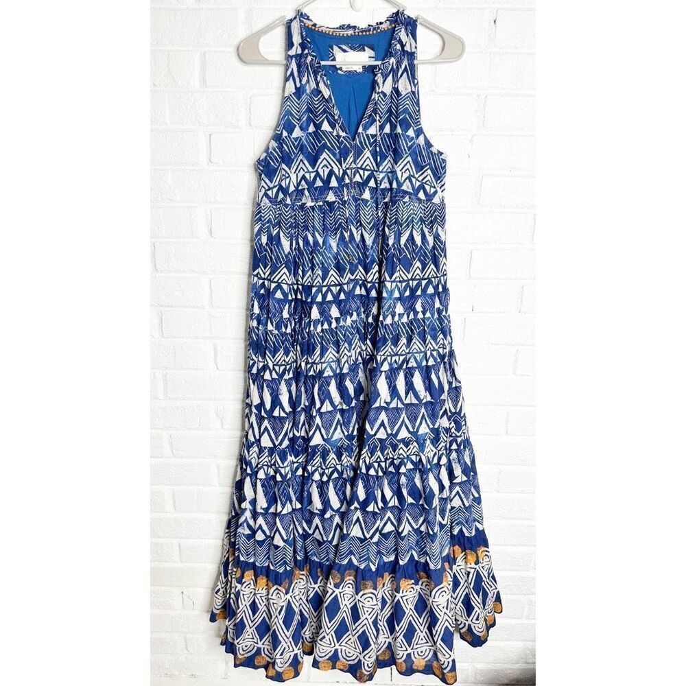 Anthropologie Tiered Abstract Blue Patterned‎ Maxi Dress size XS